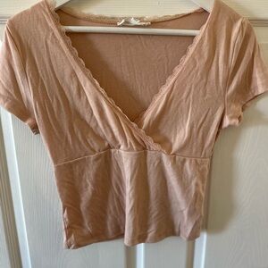 Pink Rose Women's V-Neck Lace Trim Tee - Light Pink